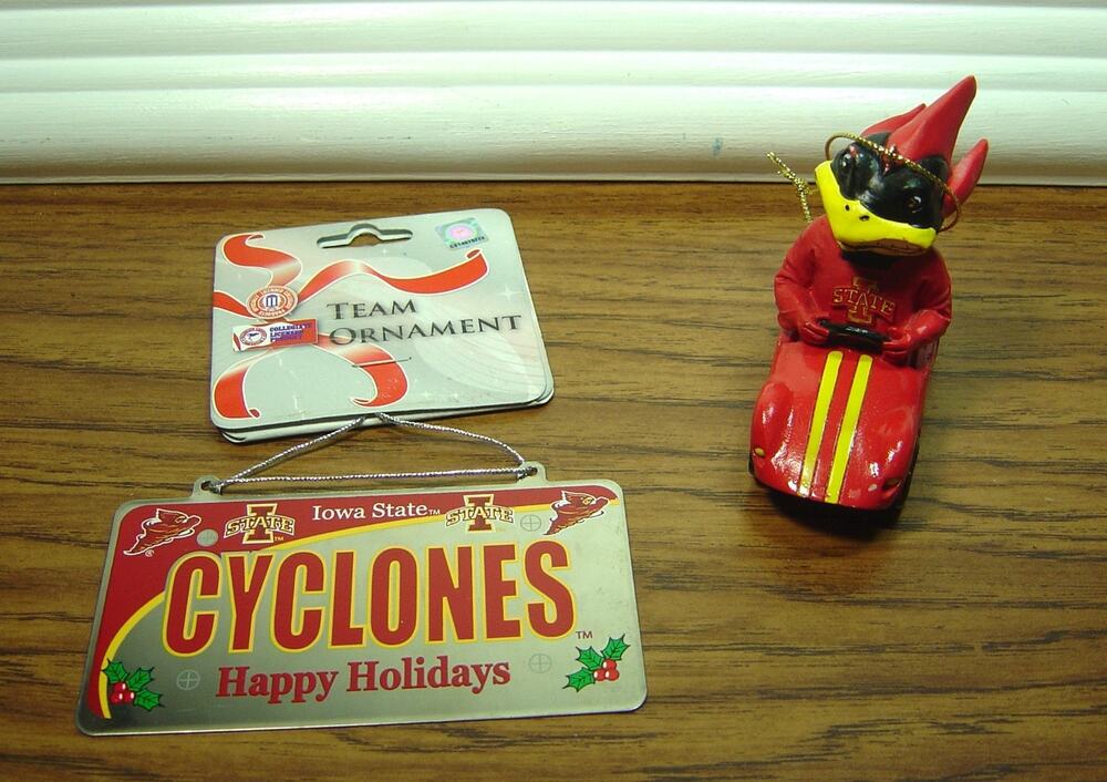 2 IOWA STATE CYCLONES ORNAMENTS-MINIATURE LICENSE PLATE & CY THE MASCOT IN CAR